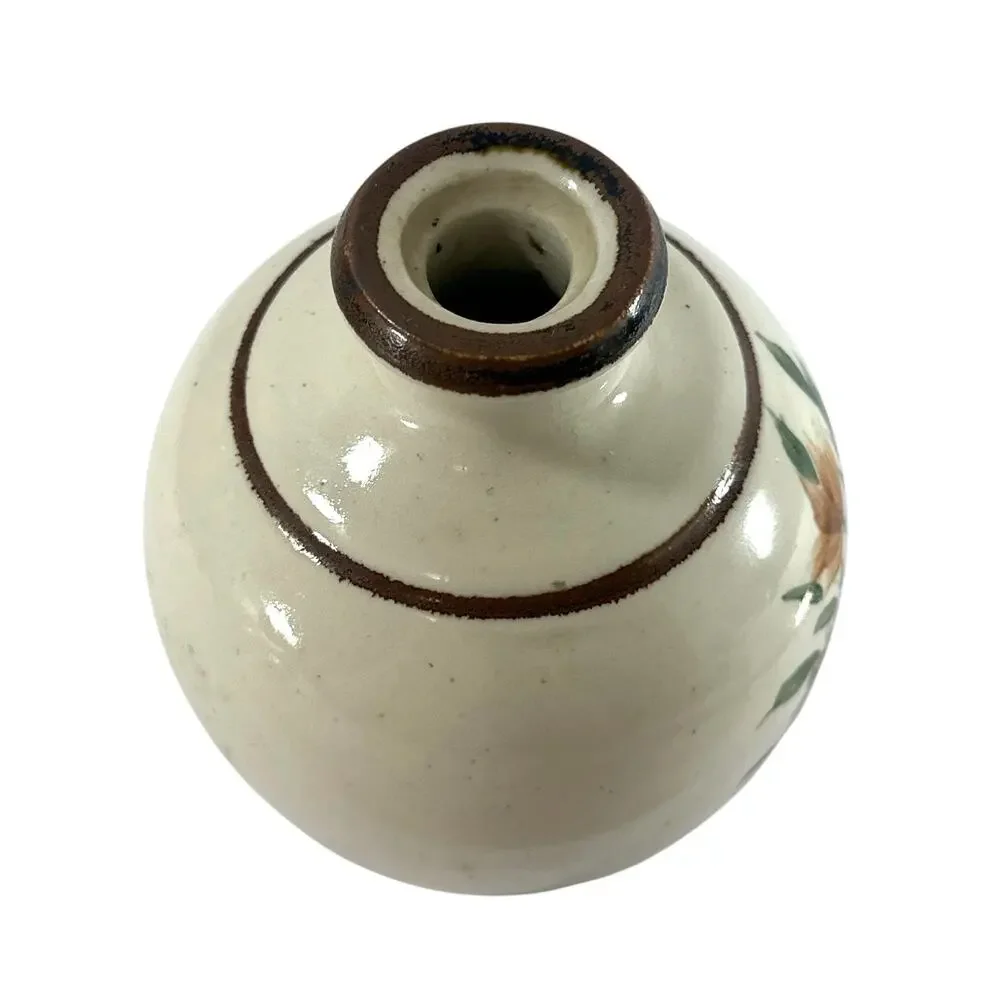 Vintage Hand Painted Stoneware Vase Floral Butterfly Folk Art Pottery 5” Heavy